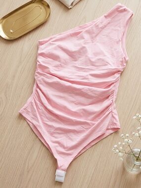 NWT AB Brazilian Boutique Pink One Shoulder Ruched Bodysuit Size S/M